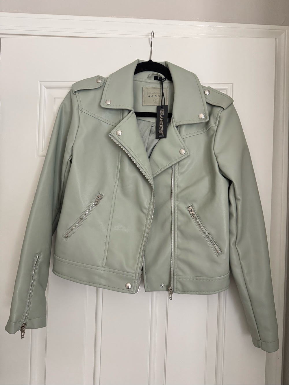 BLANKNYC Mint Green Faux Leather Moto Jacket with Silver Hardware